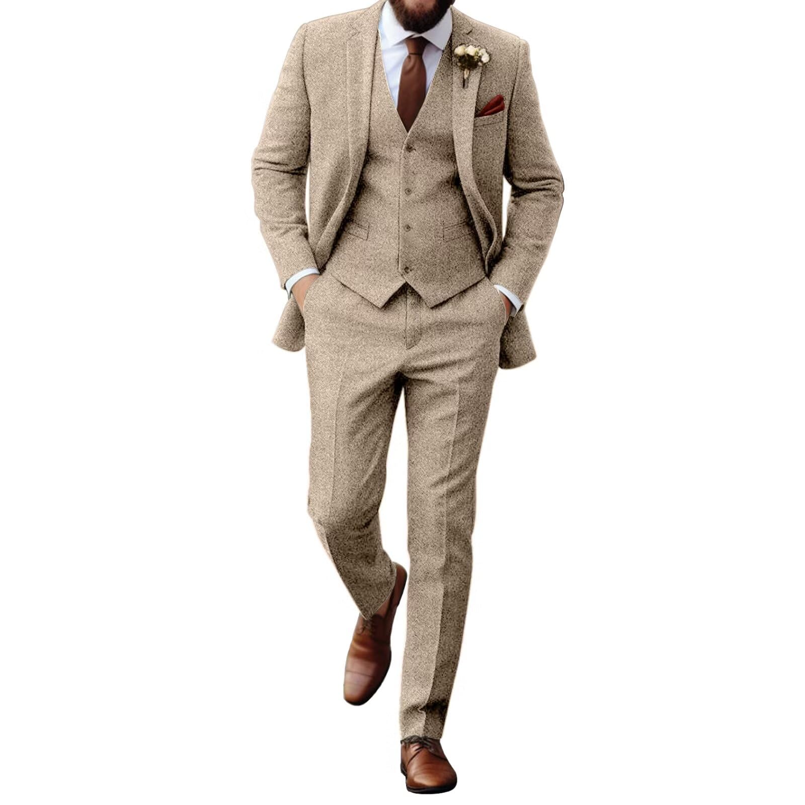Aowdoy Retro Tweed Herringbone Suit for Men Slim Fit 3 Pieces Mens Suit Groom Dress Tuxedos Prom Sui