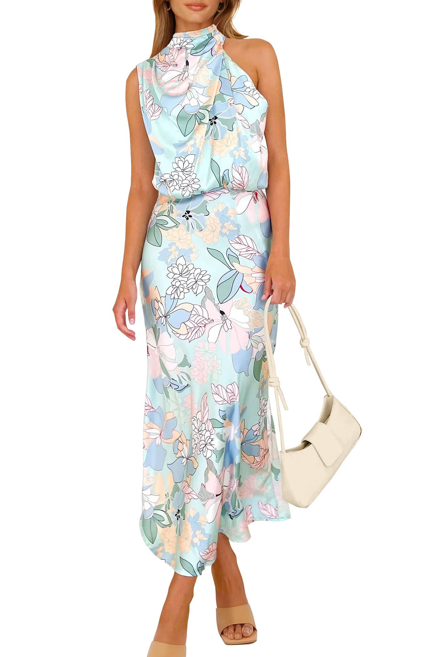 PRETTYGARDEN Women's 2025 Summer Satin Dress Elegant Sleeveless Mock Neck Cocktail Party Maxi Dresse