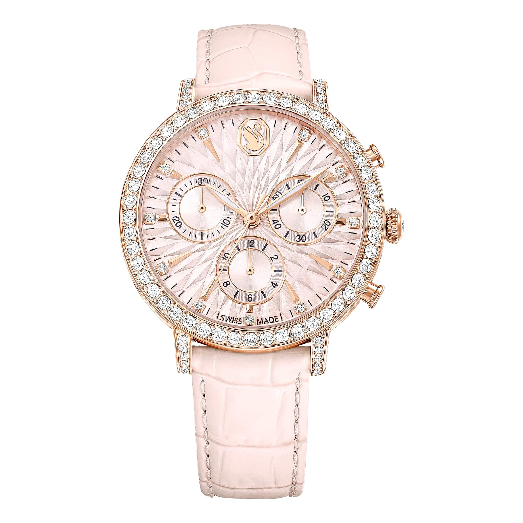 Swarovski Matrix Tennis Chrono Watch, Swiss Made, Leather Strap, Pink, Rose Gold-Tone Finish, Pink,