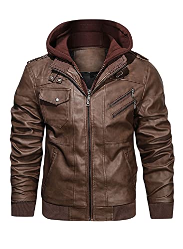 HOOD CREW Men’s Casual Stand Collar PU Faux Leather Zip-Up Motorcycle Bomber Jacket With a Removable