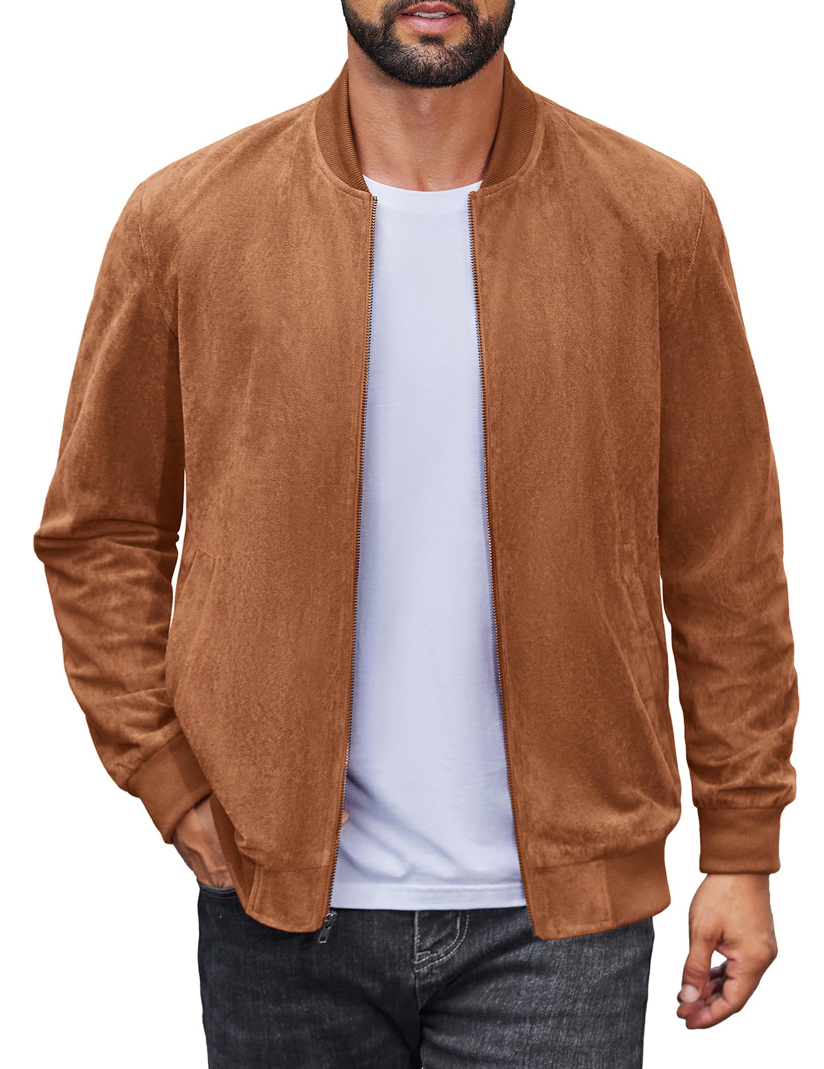 Men's Lightweight Suede Bomber Jackets Casual Varsity Jacket Vintage Faux Leather Jackets