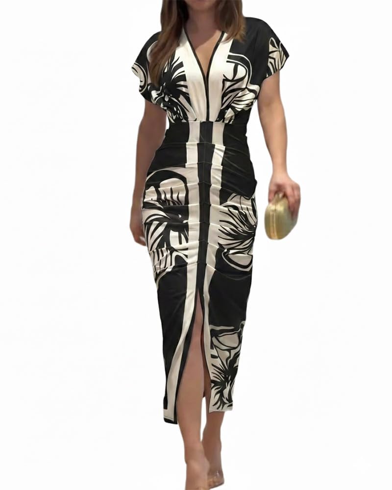 CHICME Summer Dresses for Women Floral Print Plunge V Neck Midi Dress Casual Ruched Slit Bodycon Par