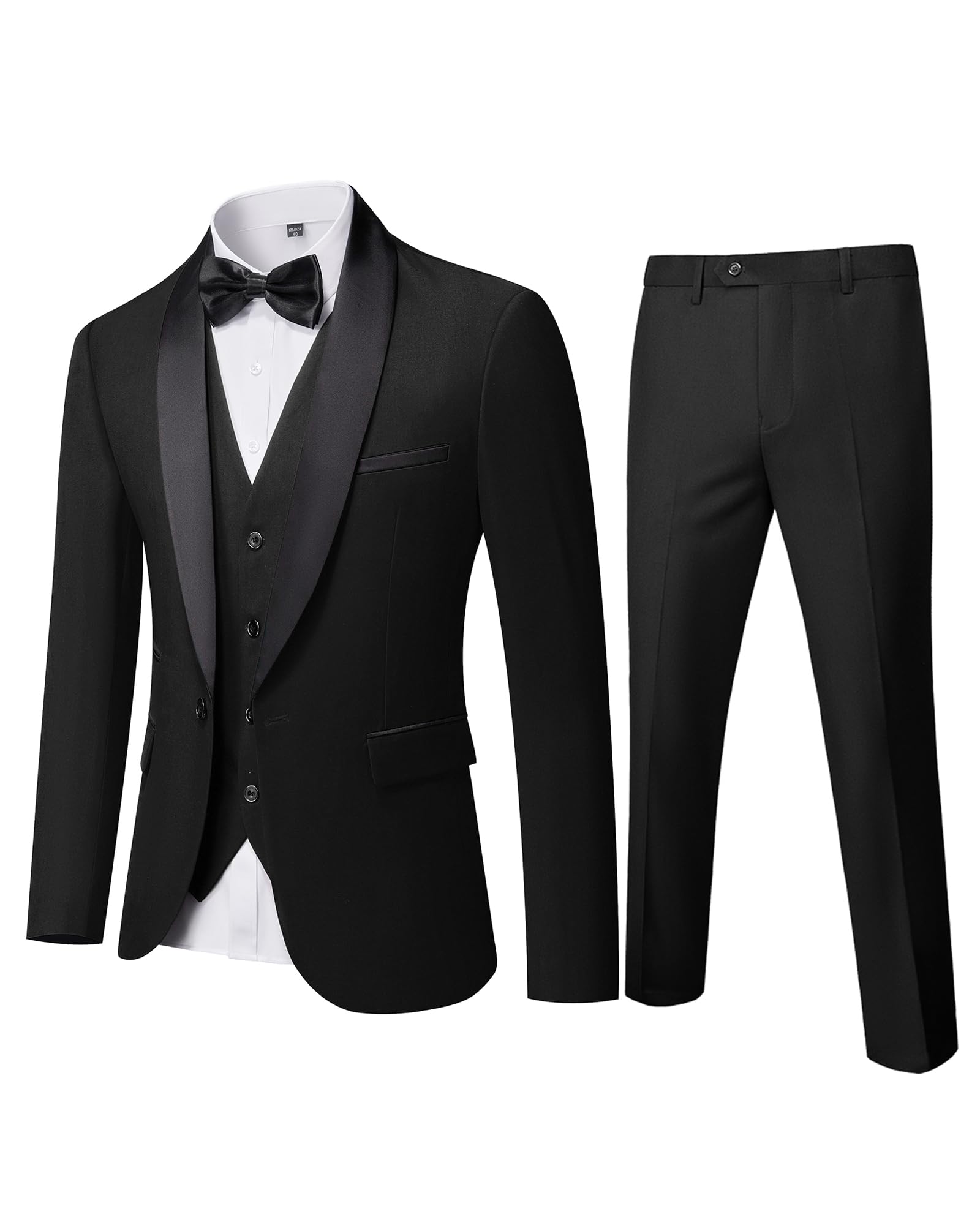 MYS Mens 3-Piece Suit Shawl Lapel One Button Tuxedo Slim Fit Premium Dinner Jacket Vest Pants & Tie